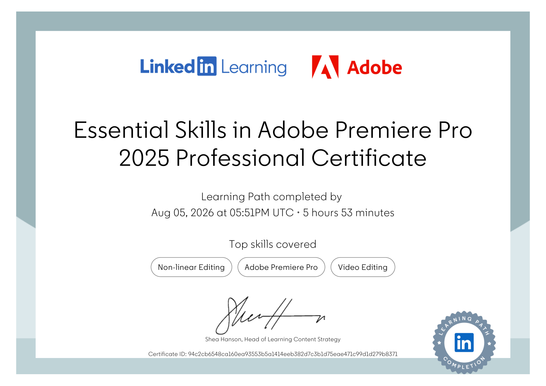 Premiere Pro certificate