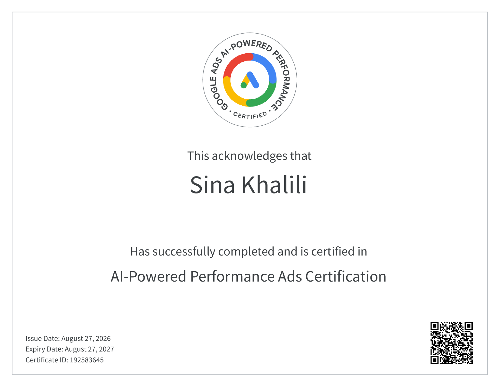 AI-Powered Performance Ads certificate