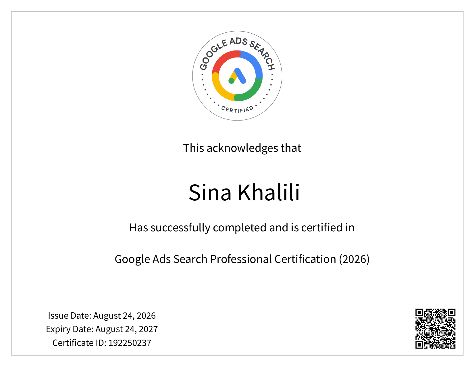 Google Ads Search Professional certificate