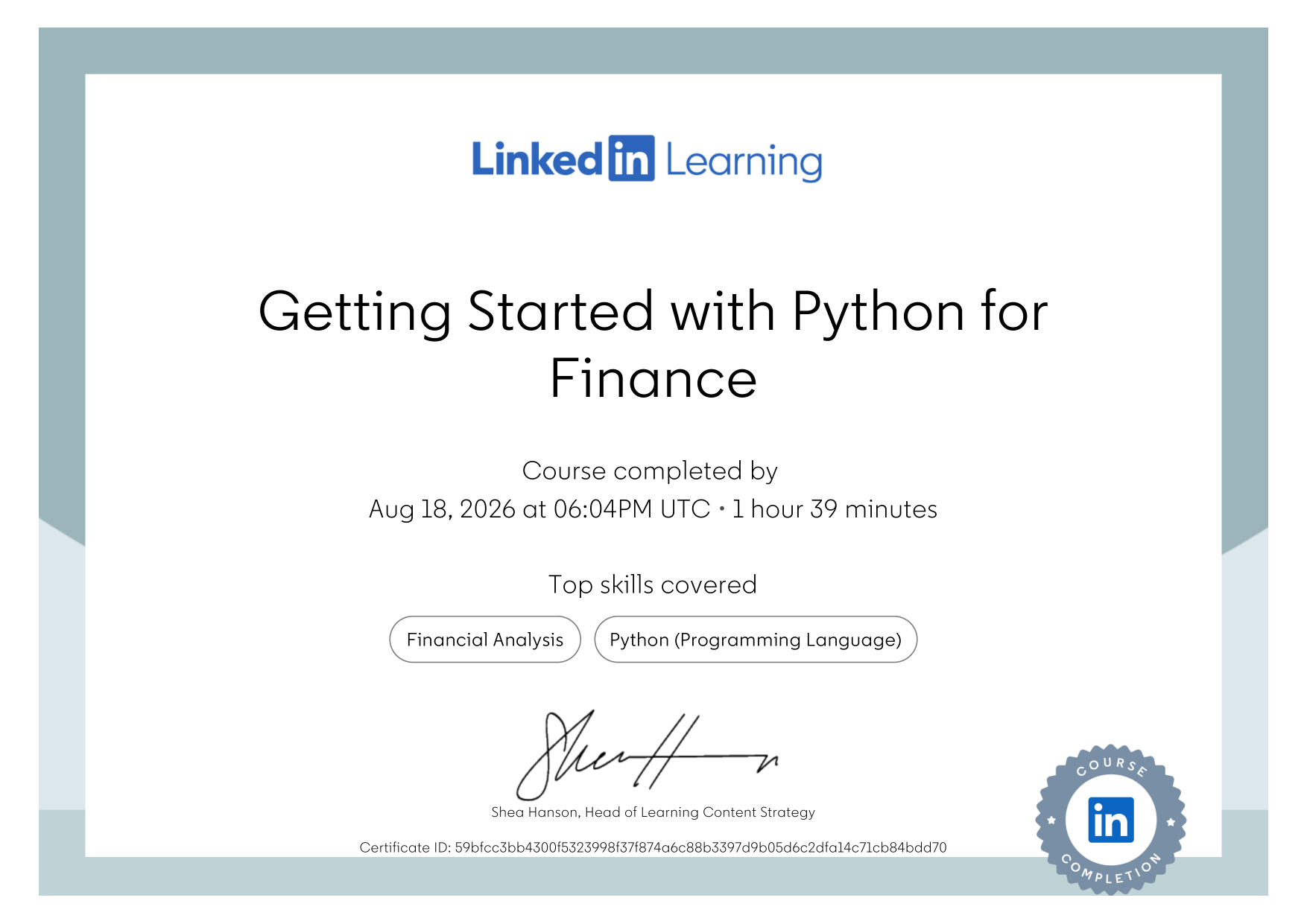 Python for Finance certificate