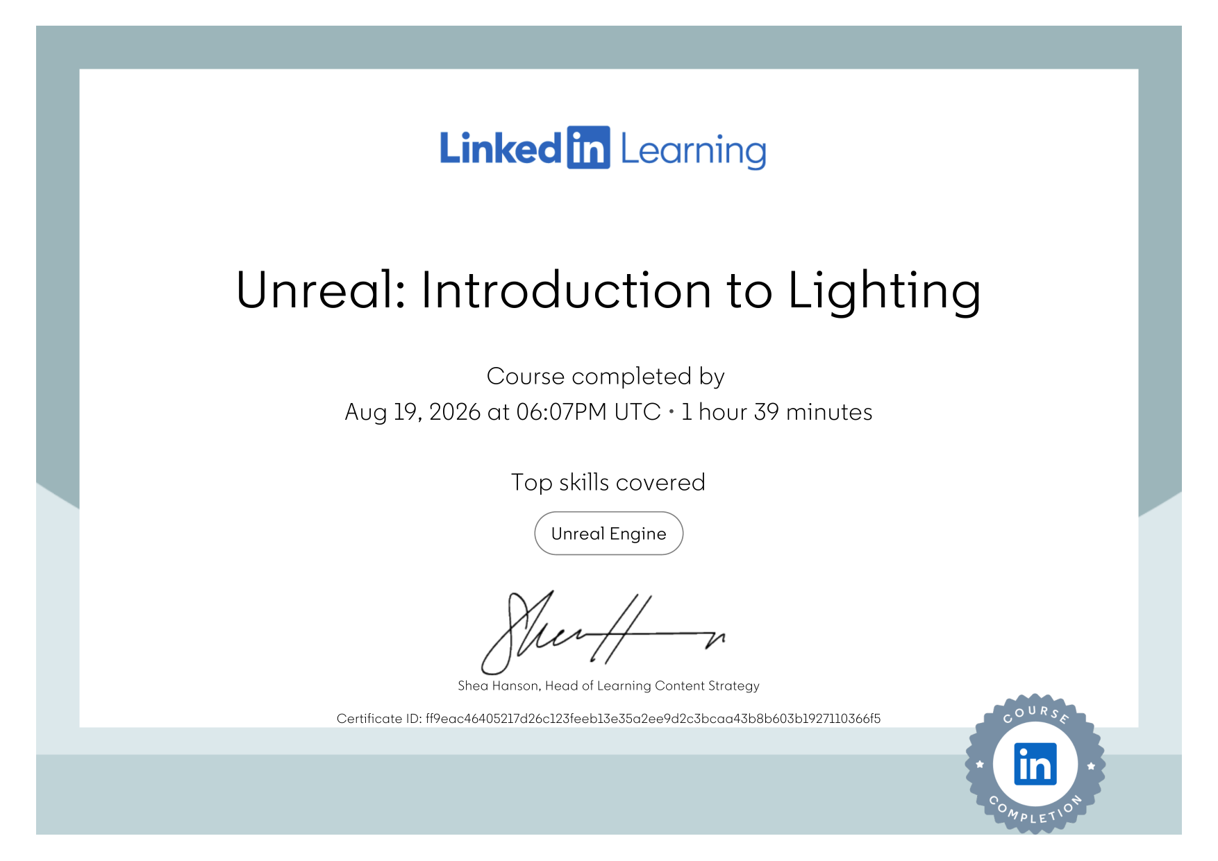Unreal Lighting certificate