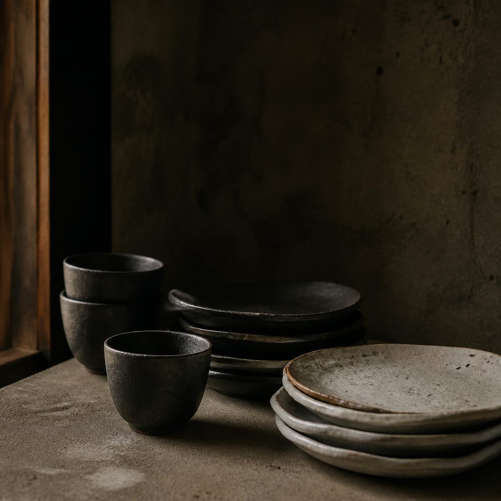 Hand-thrown matte ceramic cups and plates stacked on a concrete surface