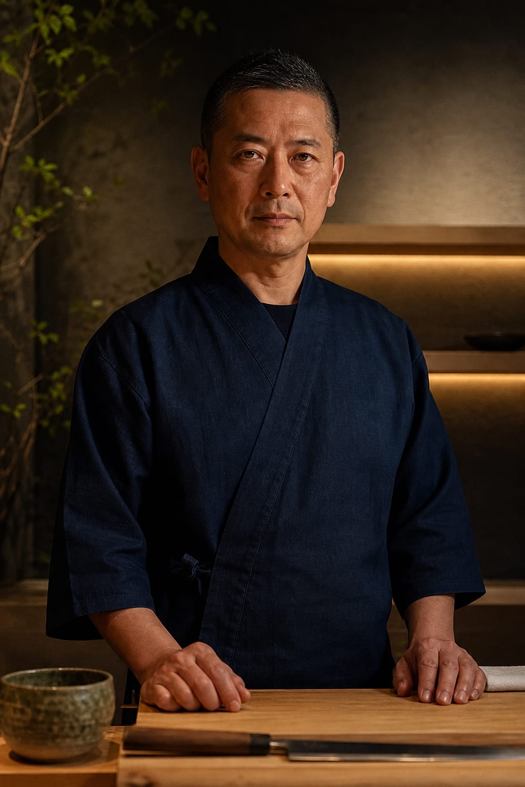 Chef Arata Mizuno, executive itamae, standing behind the hinoki counter in an indigo chef's jacket