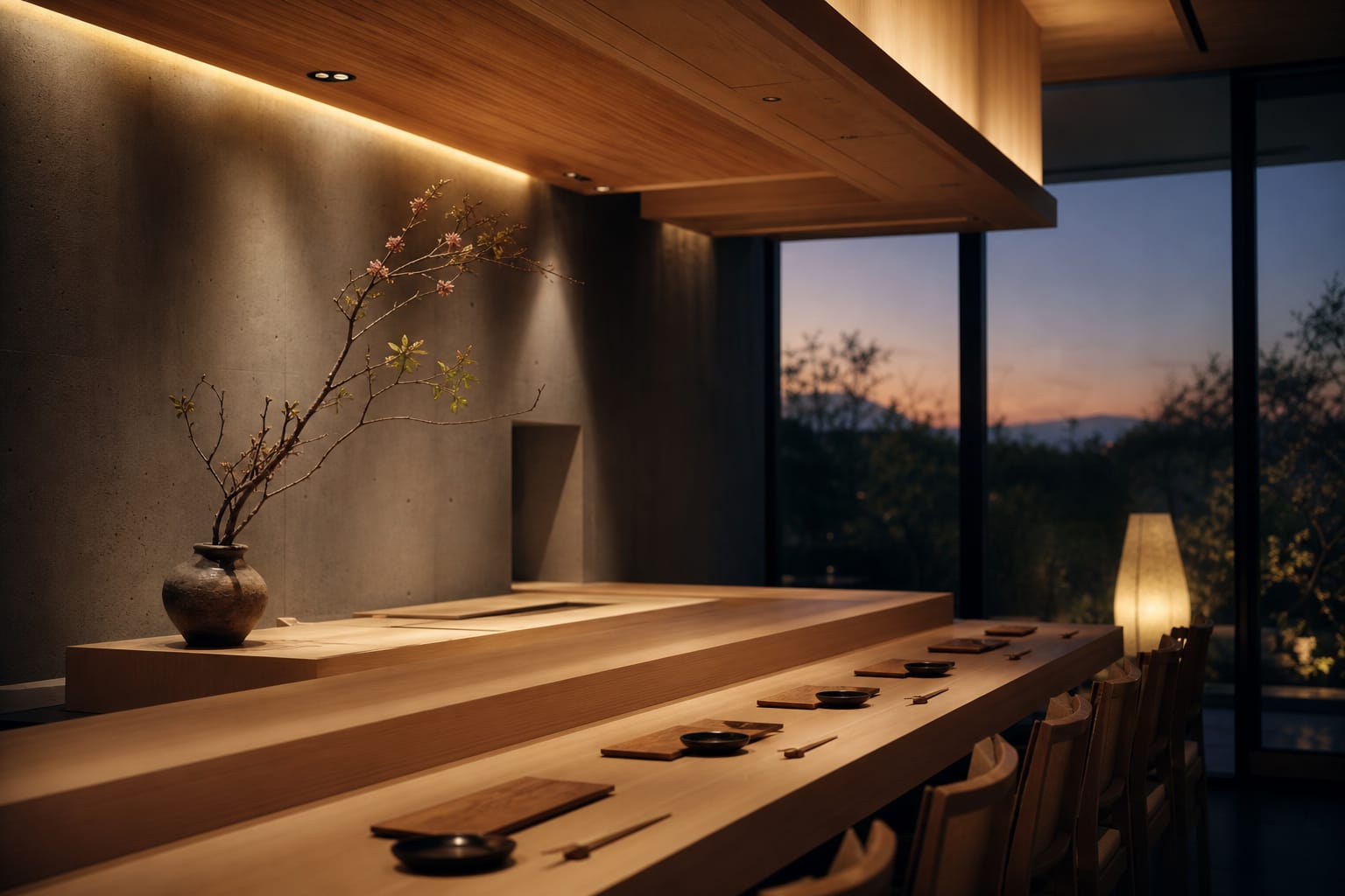 The empty hinoki sushi counter at dusk, lit by warm paper lanterns with a seasonal branch in a ceramic vase