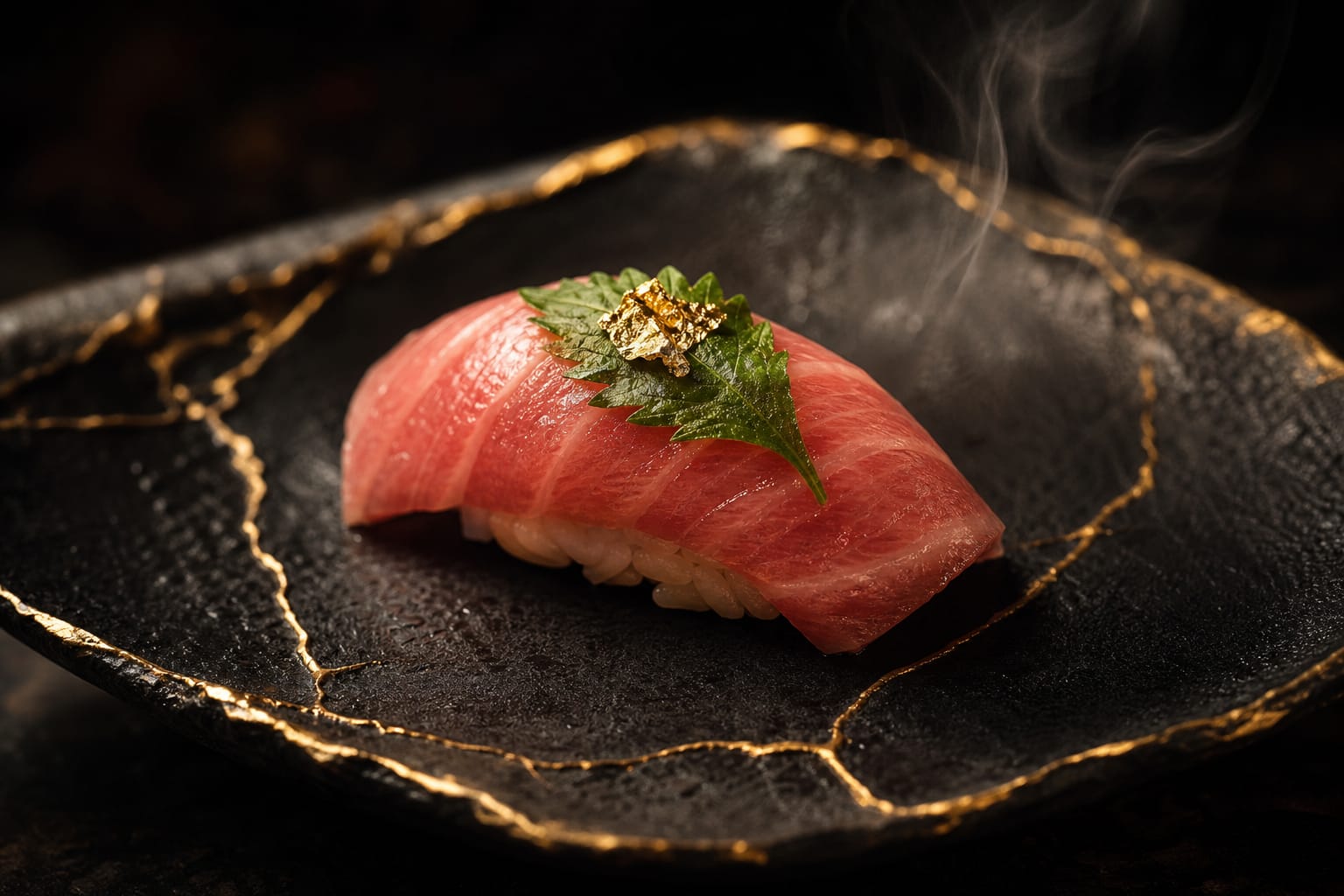 Bluefin toro nigiri topped with gold leaf and shiso on a black kintsugi plate with golden seams