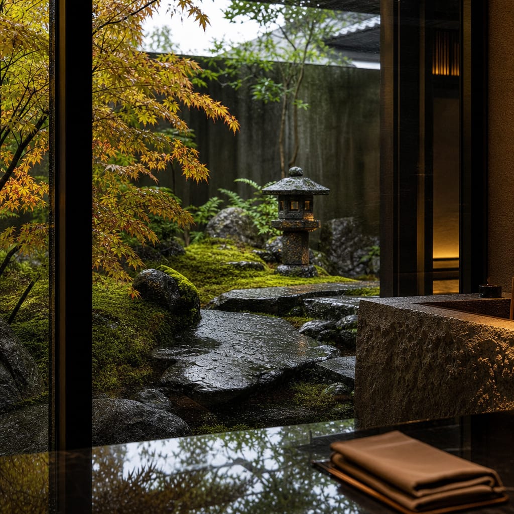 A moss garden seen through a large window