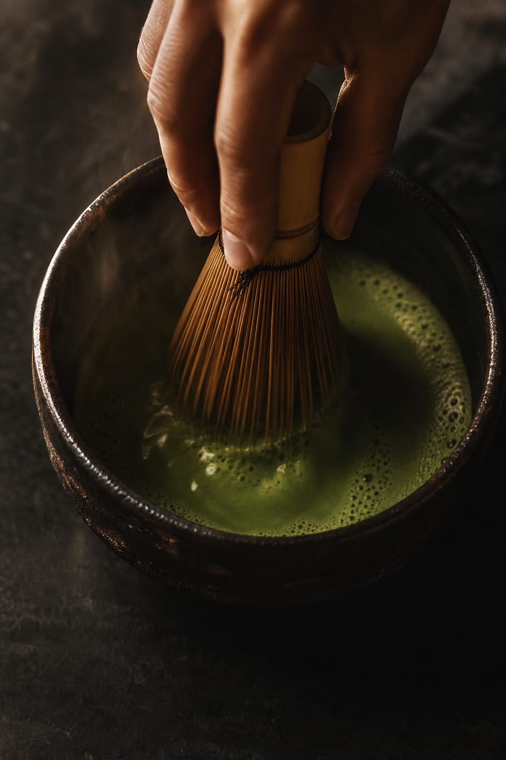 Ceremonial matcha being whisked in a dark bowl