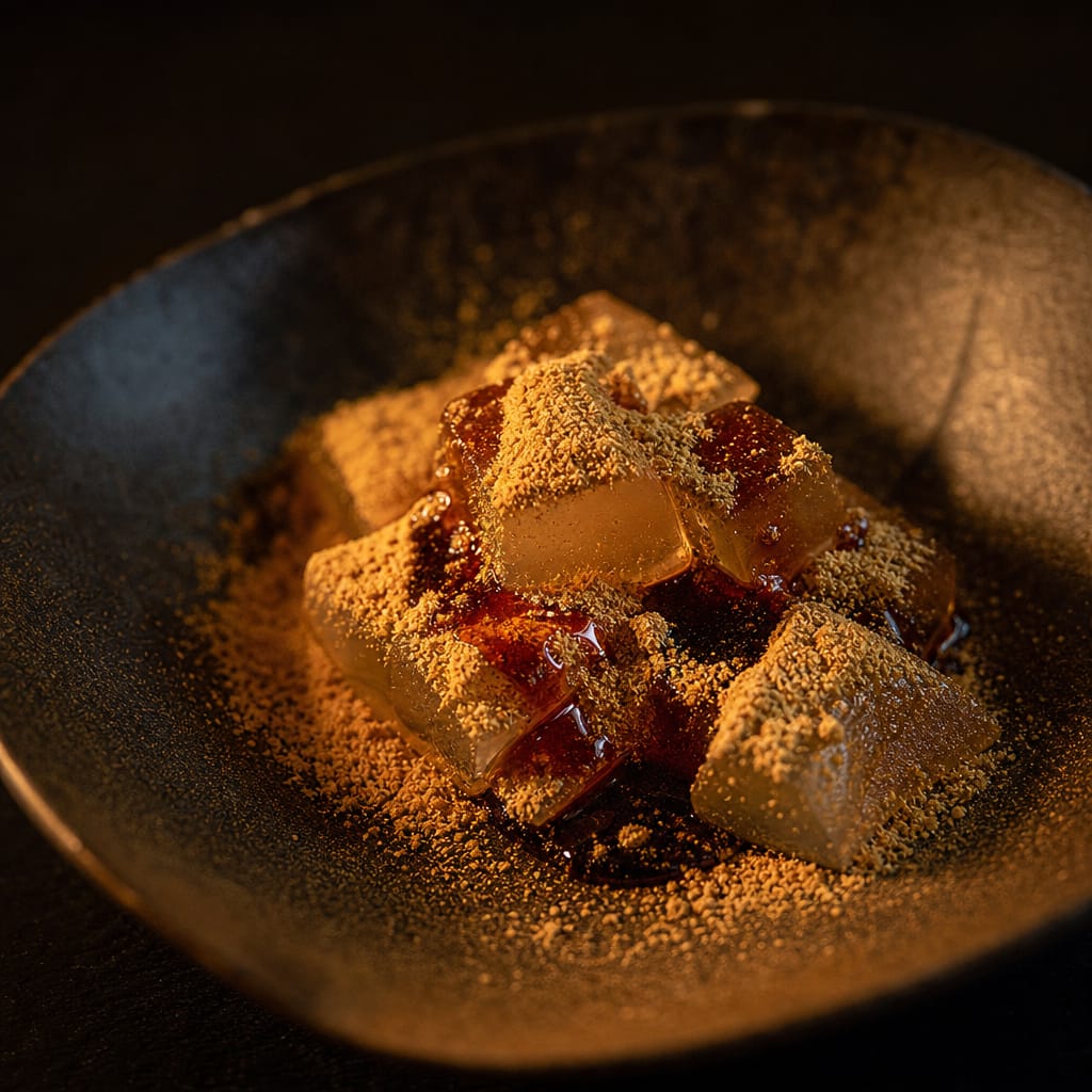 Warabi mochi dusted with kinako and kuromitsu