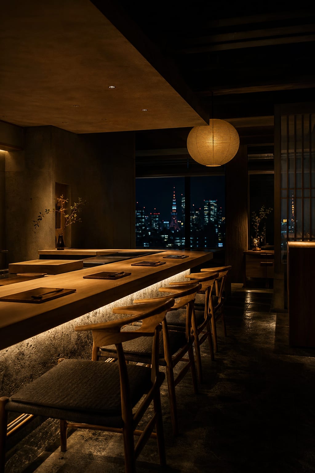 The dining room at night, lantern-lit