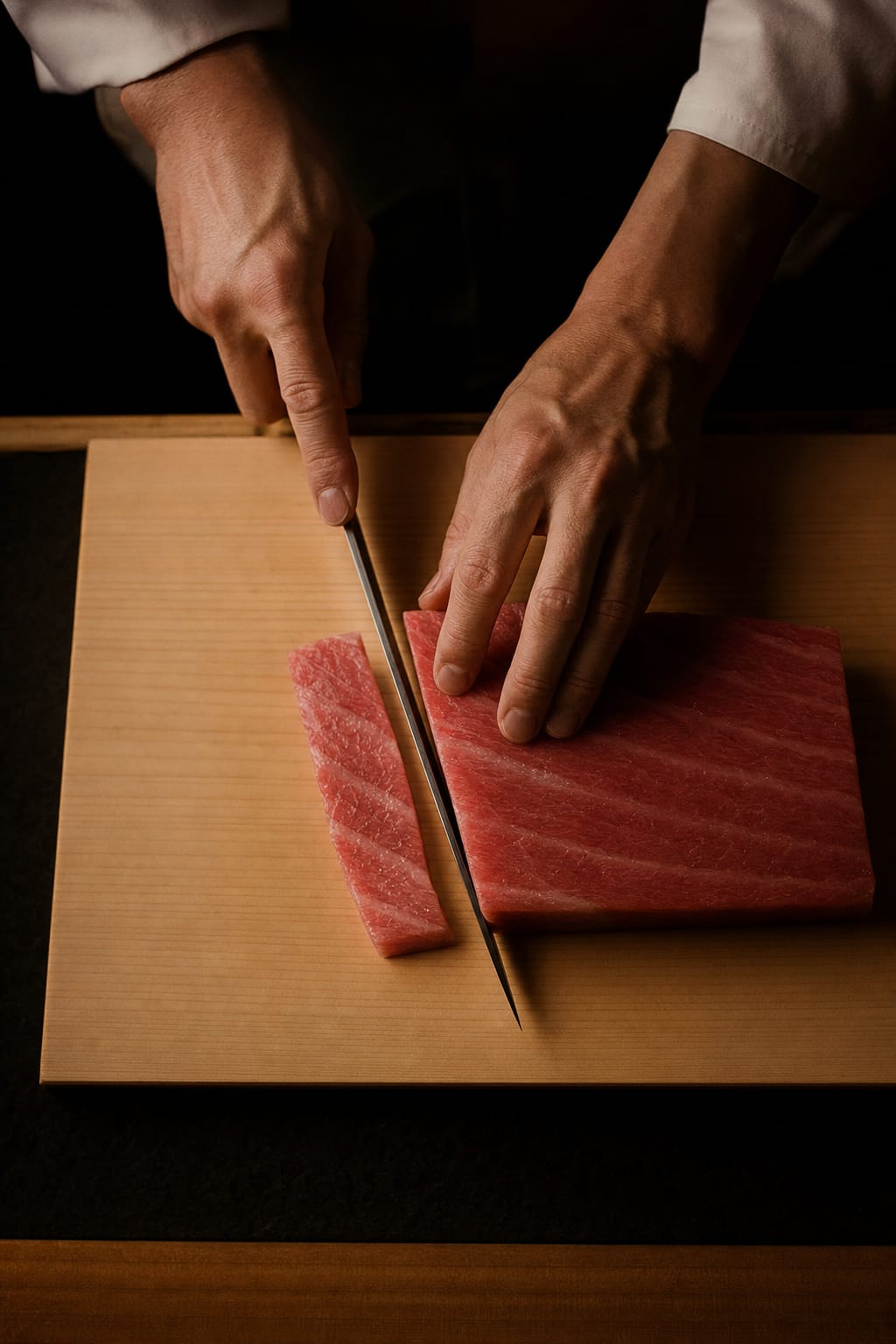 A chef slicing bluefin otoro with a yanagiba knife