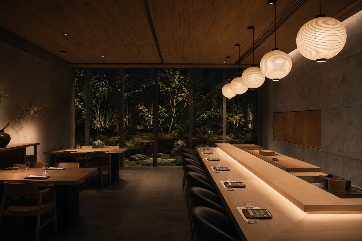 The minimalist dining room with paper lanterns