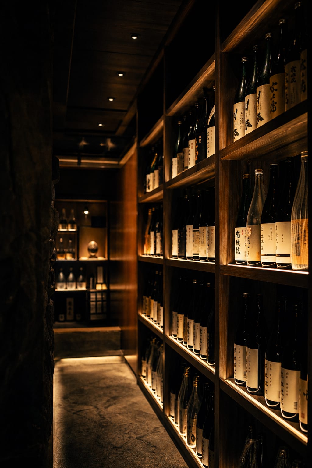 The dim sake cellar with rows of bottles