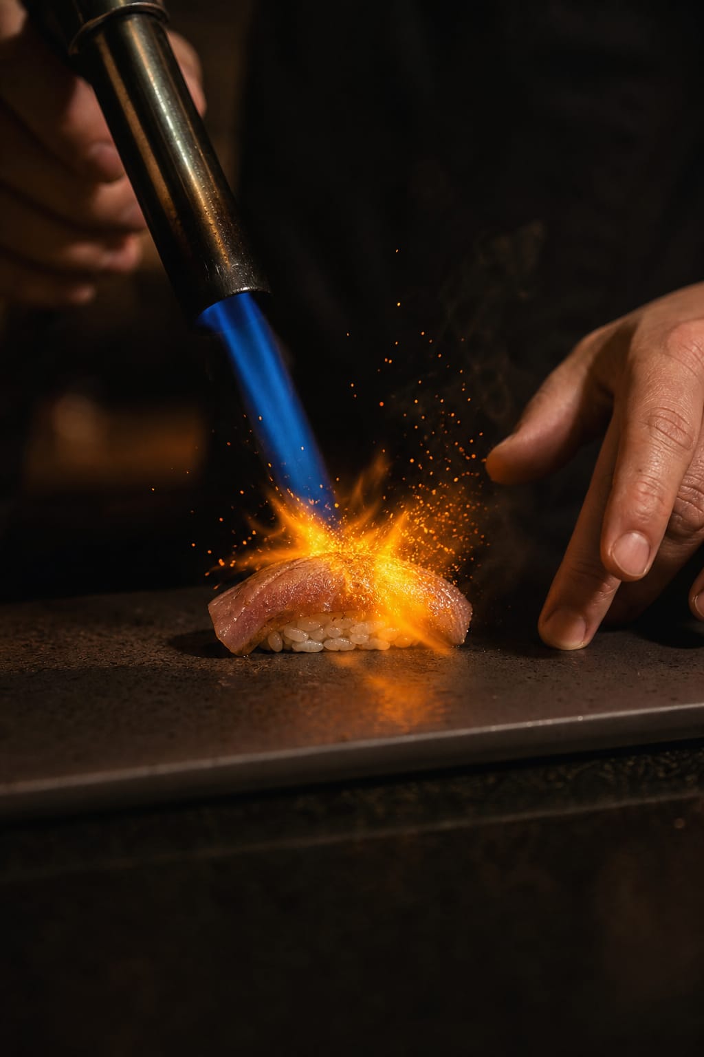 A chef's blowtorch searing a piece of nigiri