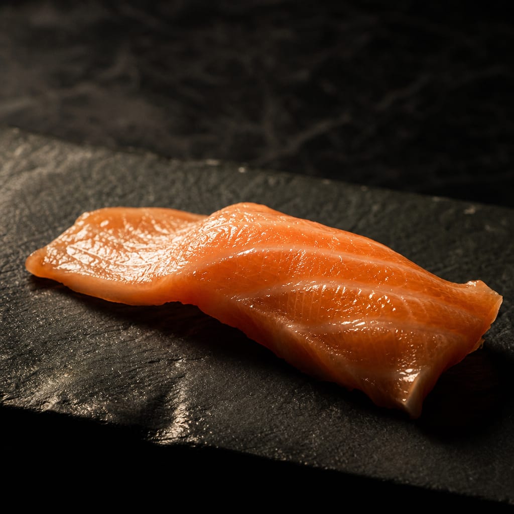 Macro of a marbled slice of aged salmon belly on dark slate